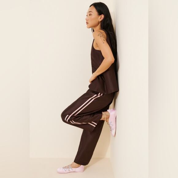 Donni Taffeta Track Silk Stripe Drawstring Baggy Pants Trousers Brown Pink - Picture 2 of 13